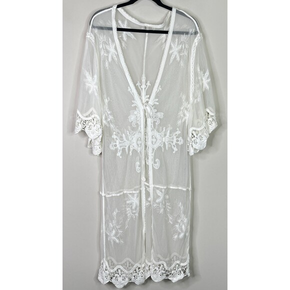 Cupshe Boho Lace Embroidery Crochet Kimono Duster Tie Front Coverup One Size - Picture 10 of 10